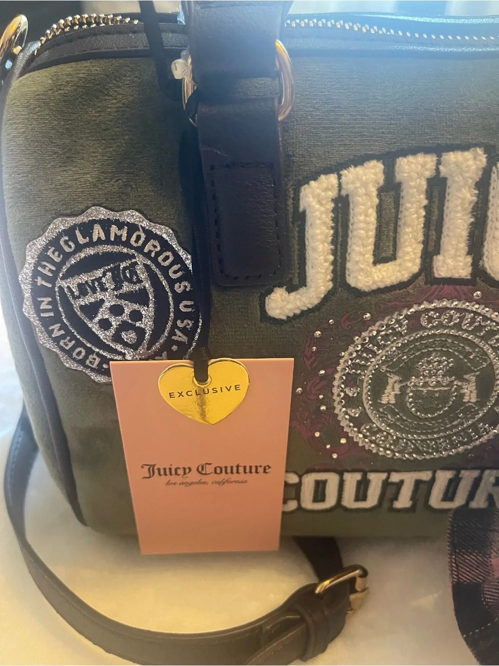Juicy Couture Olive Green Embroidered Logo Satchel with Puppy Cream Pom!